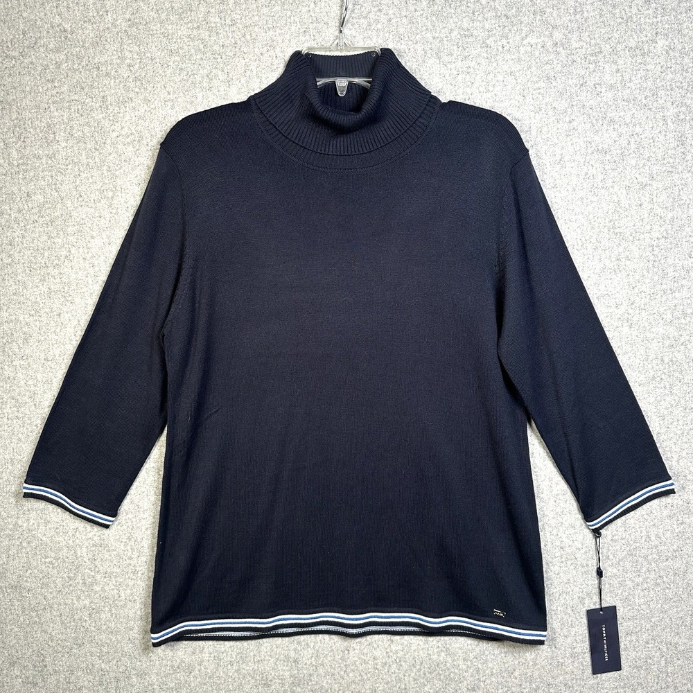 NWT Tommy Hilfiger Womens L Sweater Top Turleneck Navy Blue Classic 3/4 Sleeve